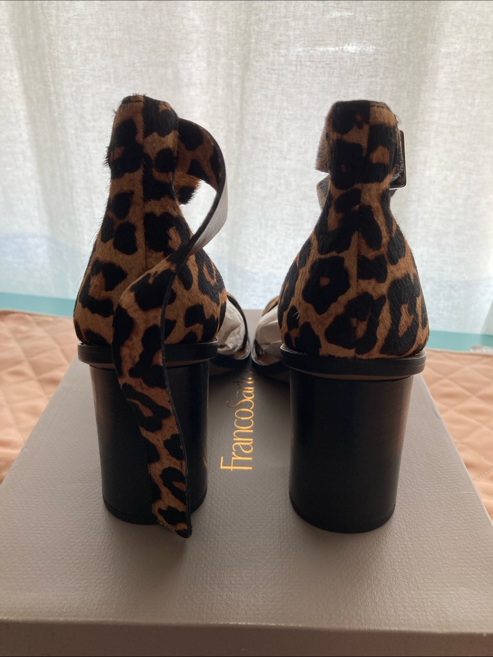 Franco Sarto Leopard Print Block Heel Sandals - Camel/Black size 9M - Picture 3 of 6